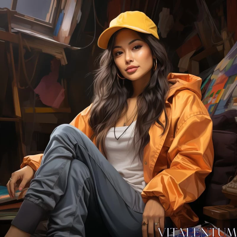 Anime Girl in Orange Jacket: A Mix of Cabincore and Hip-Hop Flair AI Image