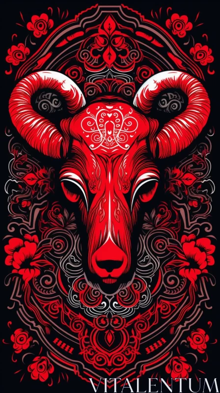 Ornate Red Bull Illustration with Symbolic Motifs AI Image