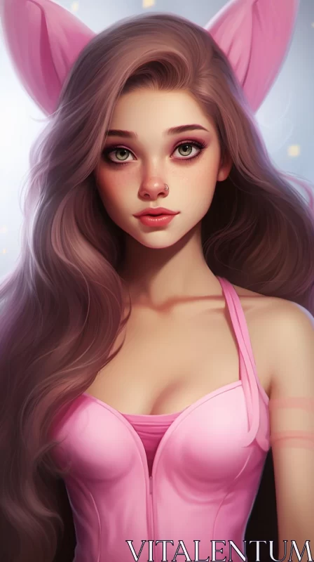 AI ART Poolcore Cartoon Realism: Girl in Pink Dress Studio Portrait