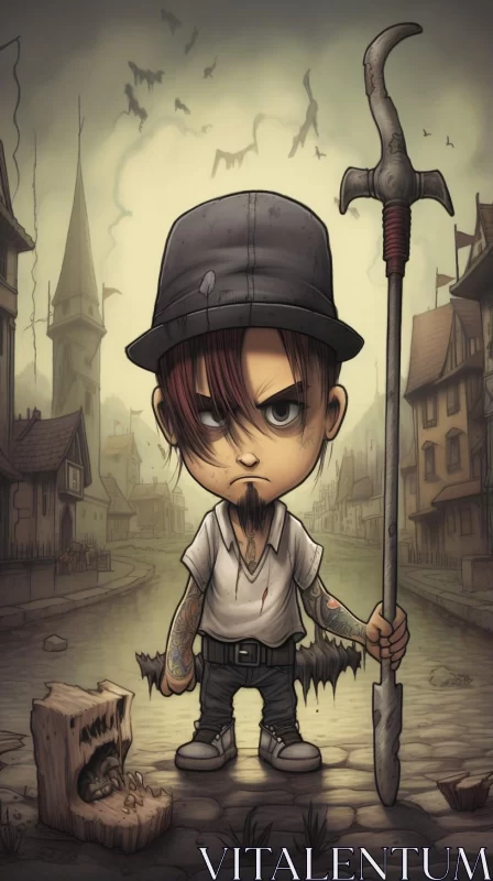 Gothic Cartoon Character in Battle - Suburban Punk Aesthetics AI Image