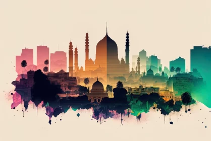 Intricate Watercolor Cityscape - A Blend of Cultures in Art