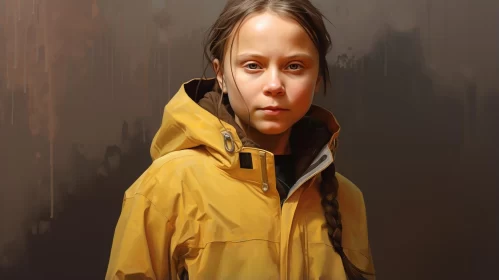 Realistic Painting of a  Greta Thunberg in Yellow Jacket Amidst Norwegian Nature