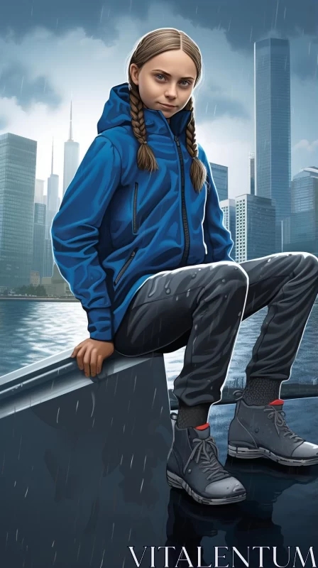 Cityscape Illustration of Girl in Rain AI Image