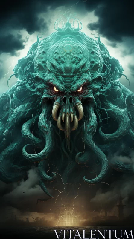 Dark Emerald Monster Art: An Eerie Marine Illustration AI Image