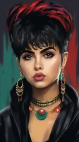 Egyptian Art Inspired Digital Painting: Girl in Emerald and Red AI Image