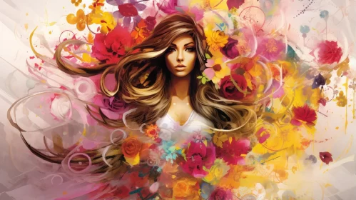 Elegant Woman Surrounded by Vibrant Flowers - An Airbrush Artwork