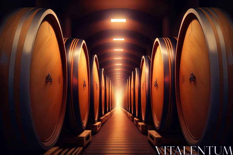 Empty Wine Cellar with Golden Hue: A Serene Symphony of Barrels AI Image