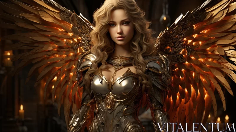 Golden Winged Woman in Armor on Fantastical Street AI Image