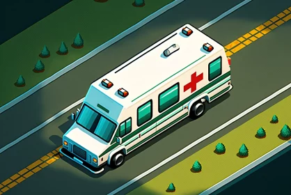 Isometric View of Ambulance on Road in 2D Game Art Style