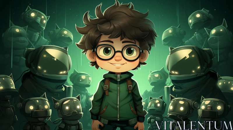 Boy Amidst Robot Crowd - A Whimsical Artistic Portrayal AI Image