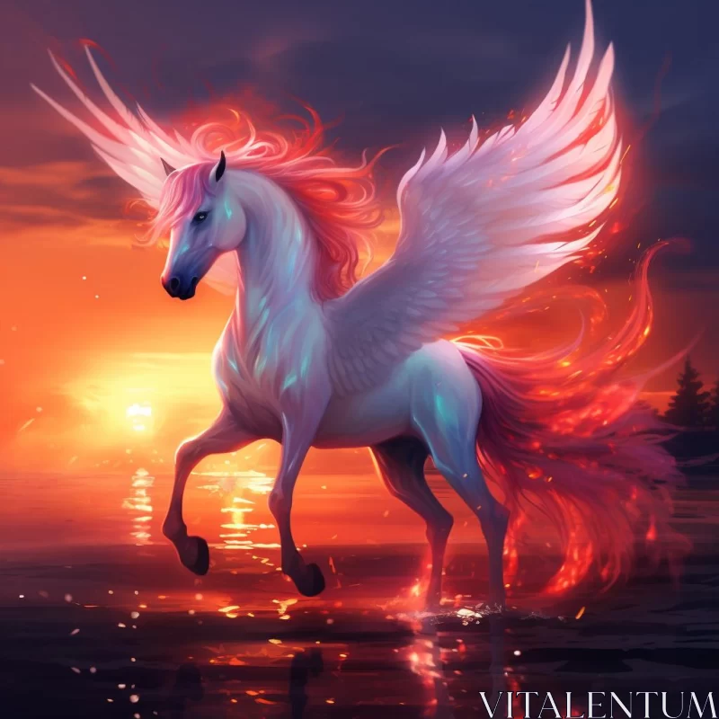 Majestic Unicorn with Red Wings in Luminous Skies AI Image