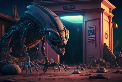 Mysterious Alien Figure Amidst Urban Debris AI Image