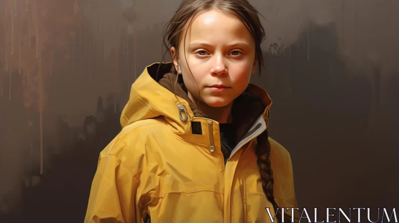 Realistic Painting of a  Greta Thunberg in Yellow Jacket Amidst Norwegian Nature AI Image