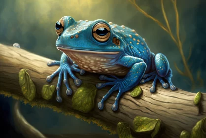 Blue Frog on Branch: A Fantasy Artwork