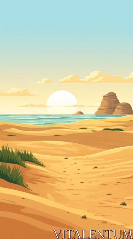 Golden Light Desert and Sea Landscape Illustration AI Image