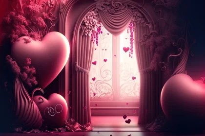 Romantic Interior with Hearts and Flowers AI Image