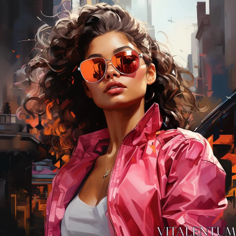 Woman in Pink Jacket: A Cyberpunk Cityscape AI Image