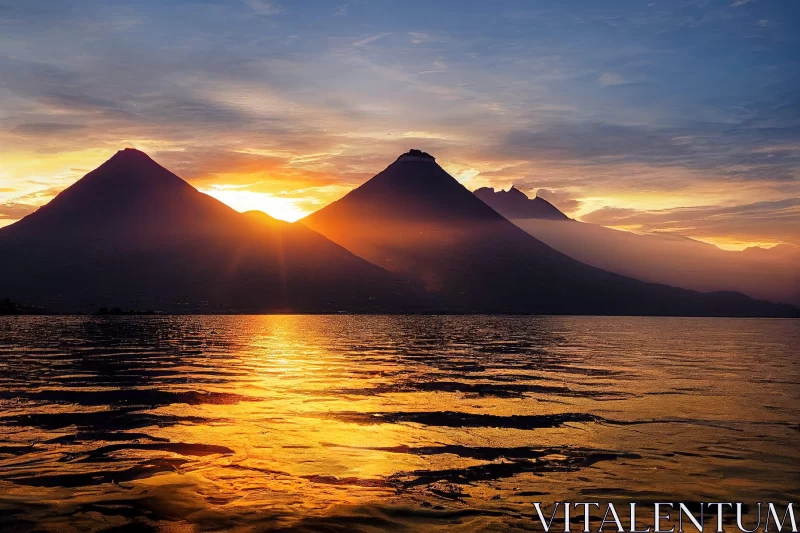 Golden Sunrise Over Misty Mountains and Lake in Guatemala AI Image