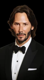 Illustrated Portrait of Keanu Reeves in Black Tuxedo AI Image