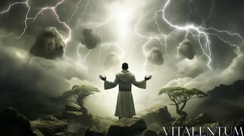 Monk in Apocalyptic Landscape with Lightning AI Image
