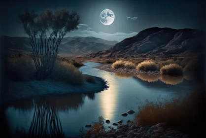 Moonlit River - Night Time Wilderness Masterpiece AI Image