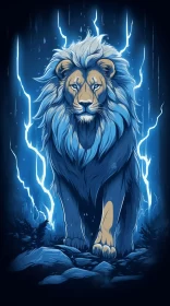 Blue Lion amidst Lightning Storm: A Study in Magic Realism AI Image