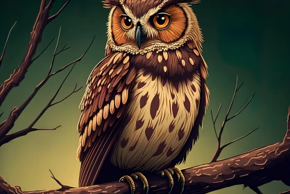 Earthy Colored Owl Illustration on a Branch