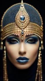 Egyptian Woman in Royal Crown Makeup and Blue Dress AI Image
