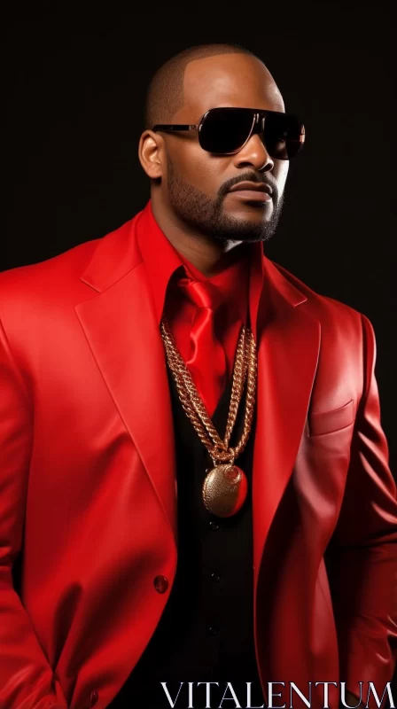 Stylish Man in Red Suit and Gold Jewelry AI Image