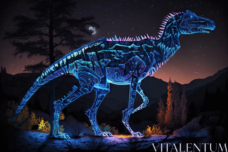 Neon Lit Night-Time T rex in a Wooded Terrain AI Image