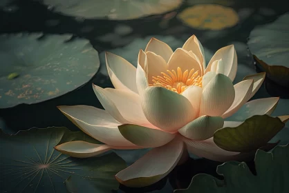 Beautiful White Lotus in Pond - Digital Art