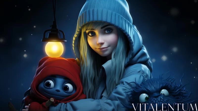Gothic Nightscape: A Girl with Cartoon Characters and Red Lantern AI Image