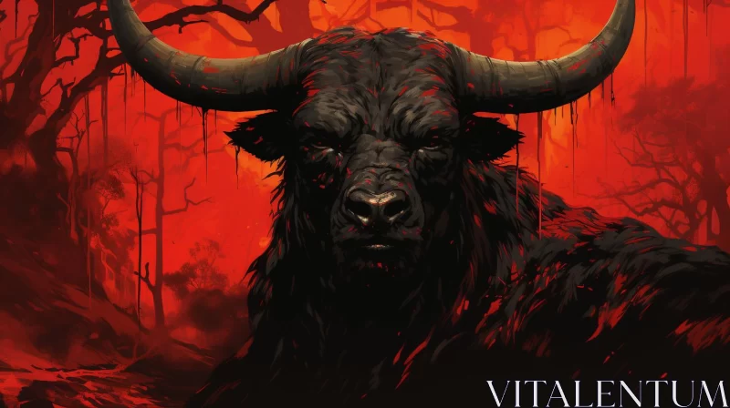 Mysterious Bull in Red Forest - A Germanic Art Inspired Piece AI Image