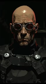 Steelpunk Sci-Fi Portrait: Bald Man with Helmet and Sunglasses AI Image