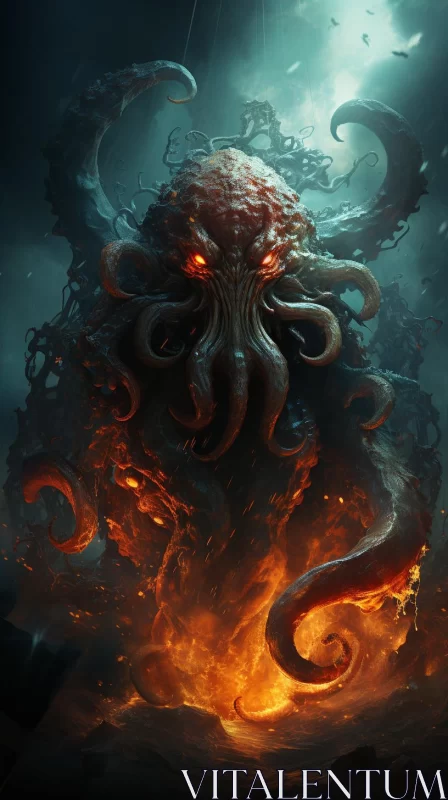 AI ART Fiery Ocean Cthulhu: A Dark and Brooding Depiction
