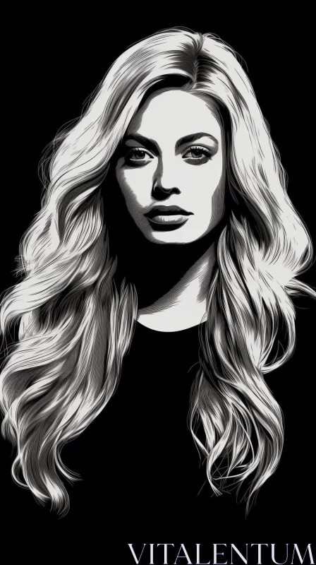 AI ART Monochrome Illustration of Woman with Long Wavy Hair