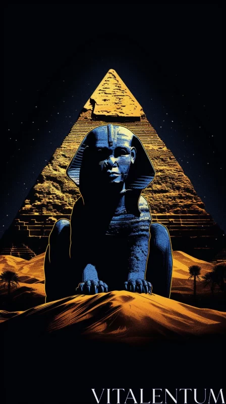 Mystical Egyptian Landscape - Blue Pyramid and Sphinx AI Image