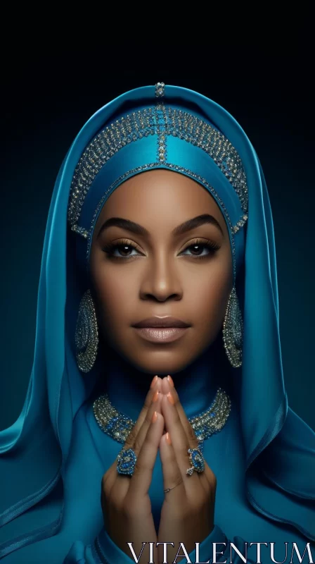 Praying Woman in Blue: A Multicultural Portraiture AI Image