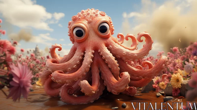 Octopus in Flower Field - A Fusion of Realism and Cartoons AI Image