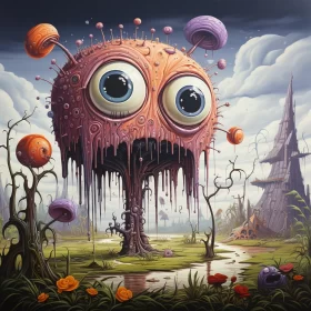 Whimsical Monster Painting with Spherical Sculptures AI Image