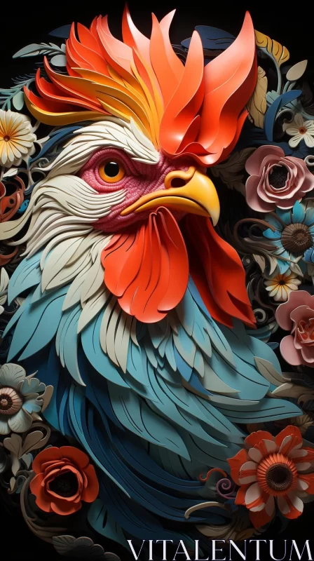 Colorful Rooster Amidst Flowers - Intricate Cardboard Art AI Image