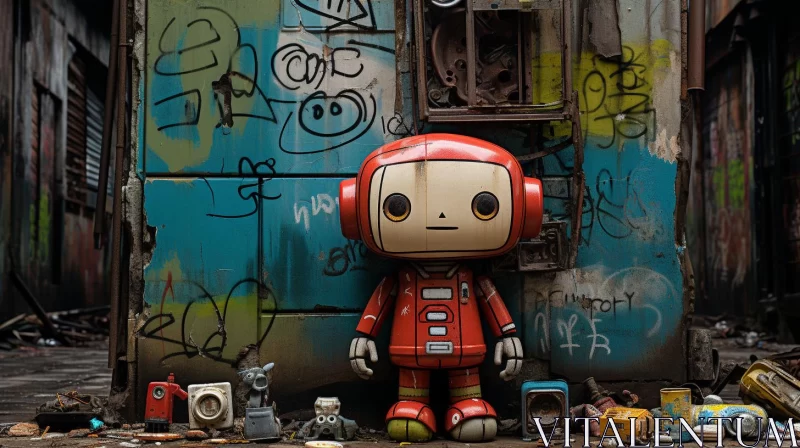 Quirky Red Robot Amidst Urban Graffiti - Toycore Meets Manga AI Image