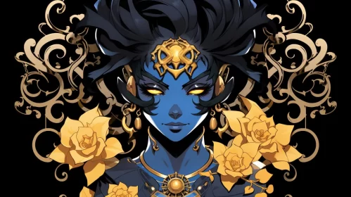 Blue-Haired Lady in Golden Flowers: A Manga-Inspired Comic Art AI Image