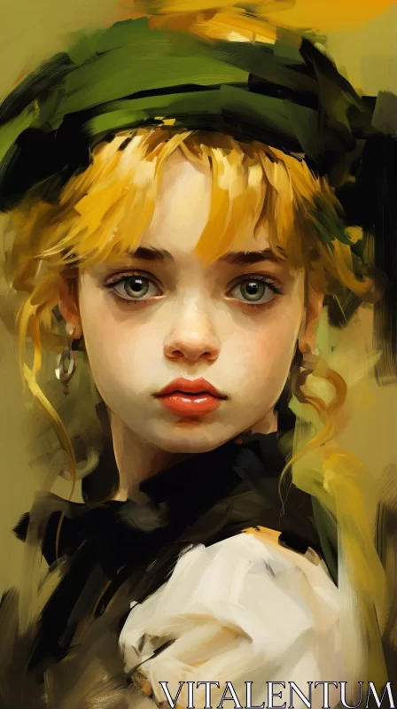 Charming Anime Character in Oil Painting - A Girl with Green Hat AI Image