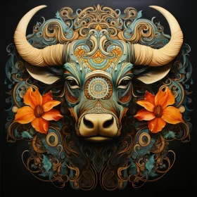 Abstract Bull Illustration Amidst Floral Backdrop AI Image