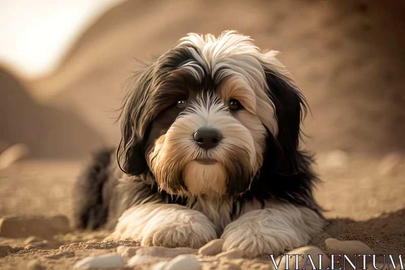 Black and White Puppy in Desert Sands: A Vivid Portraiture AI Image