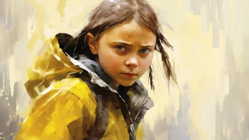 Realistic Portrait of a  Greta Thunberg in Yellow - Concept Art Illustration AI Image
