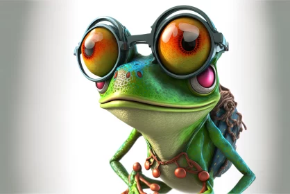 3D Green Frog Wearing Colorful Glasses - Steampunk Cartoon Creature AI Image