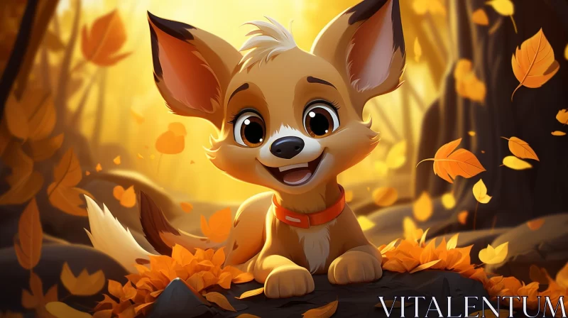 Charming Cartoon Dog Amidst Autumn Leaves AI Image
