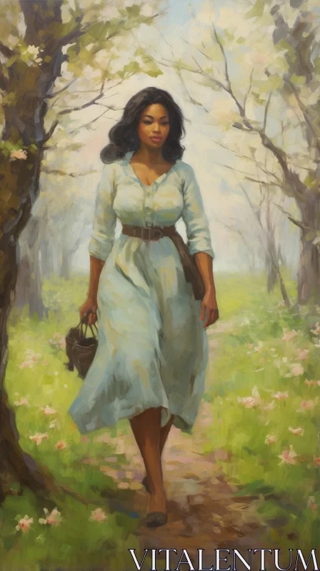 AI ART Classic Americana Oil Painting - Woman in Orchard